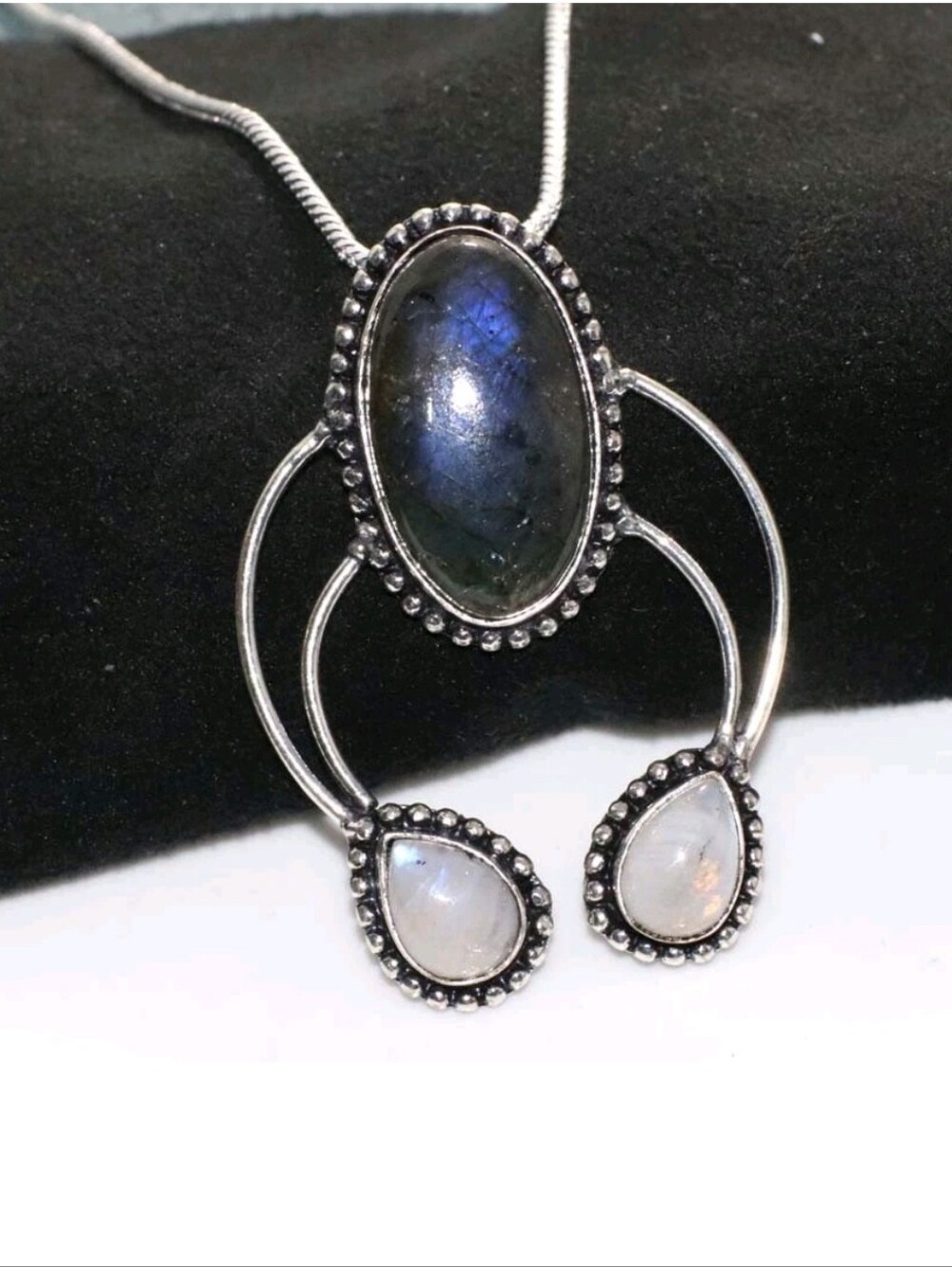 New Labradorite & Rainbow  Moonstone 925 Silver Horseshoe Necklace. 